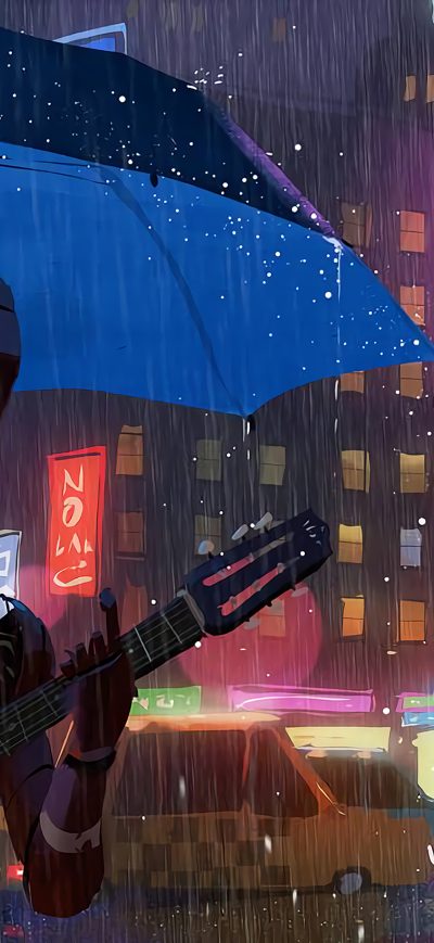 Fond d'écran iPhone Robot Cat Guitar Umbrella Rain 4k