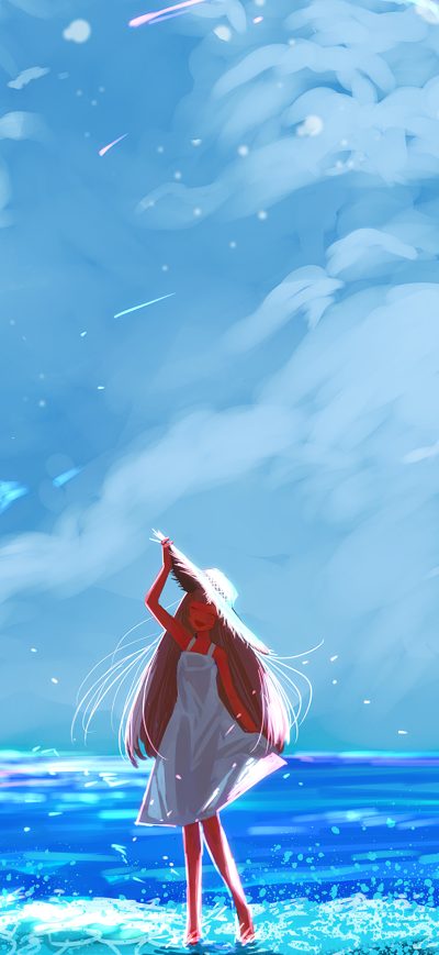 Fond d'écran iPhone Anime Girl Beach Happy Long Hair Clouds 4k