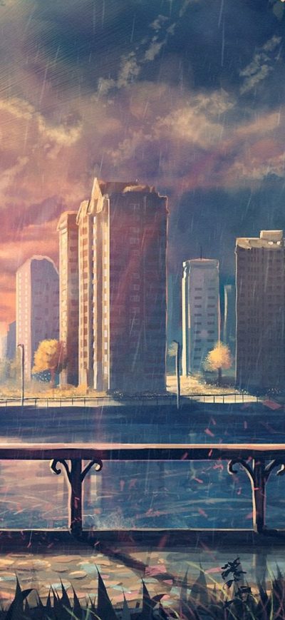 Fond d'écran iPhone Anime Girl Cityscape Umbrella Trees