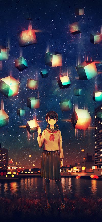 Fond d'écran iPhone Anime Buildings Stars 4k