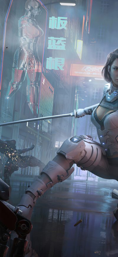 Fond d'écran iPhone Cyberpunk Girl Hitting Man With Gun