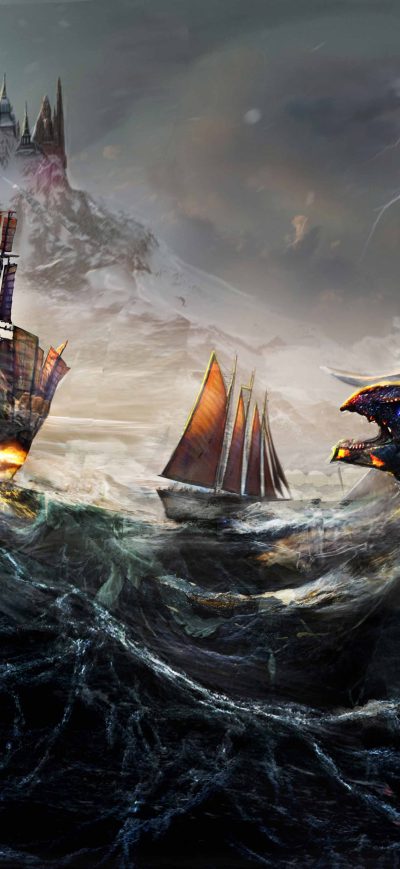 Fond d'écran iPhone Dragon Fight Ocean Ship Painting 5k