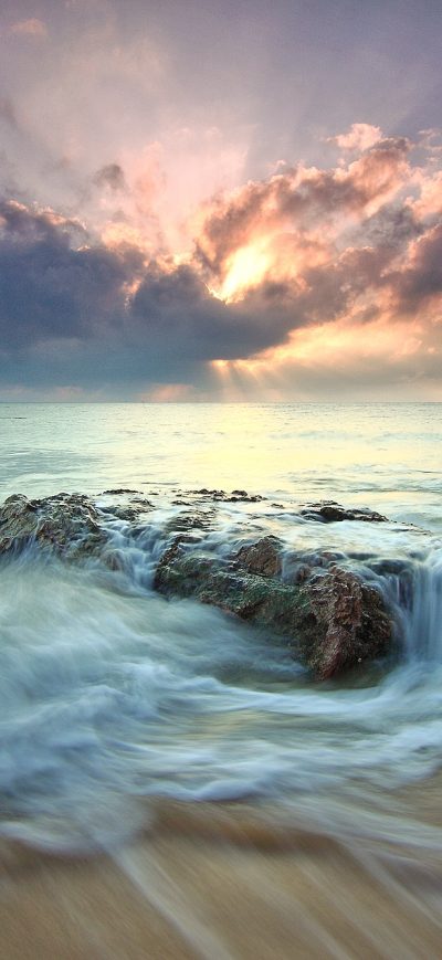 Fond d'écran iPhone Beach Sea Dawn Dusk Landscape Ocean Rocks Sunlight