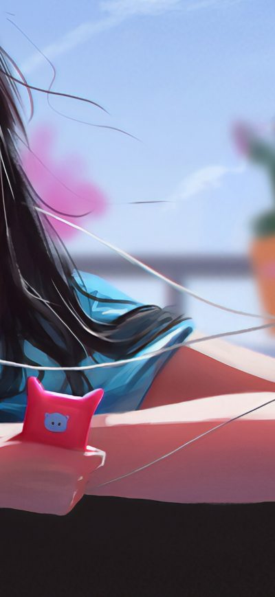Fond d'écran iPhone Anime Girl With Cat Pulling Back Her Headphones