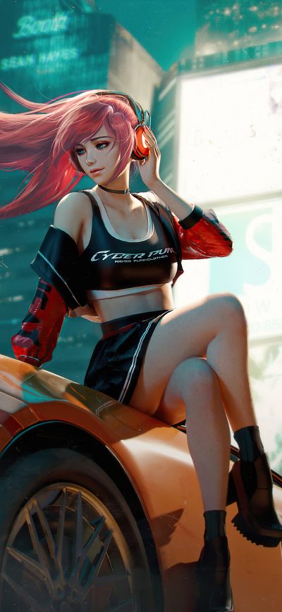 Fond d'écran iPhone Cyberpunk Anime Girl With Mclaren And Cat 5k