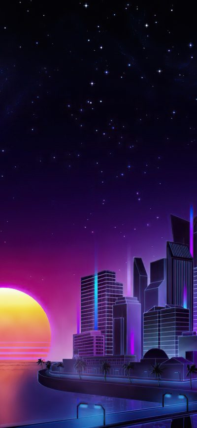 Fond d'écran iPhone Retrowave City Evening Sunset