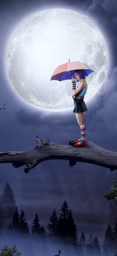Fond d'écran iPhone Girl With Umbrella Big Moon Digital Art 5k