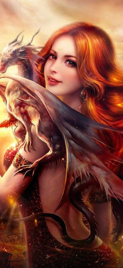 Fond d'écran iPhone Fantasy Girl Dragon Fire