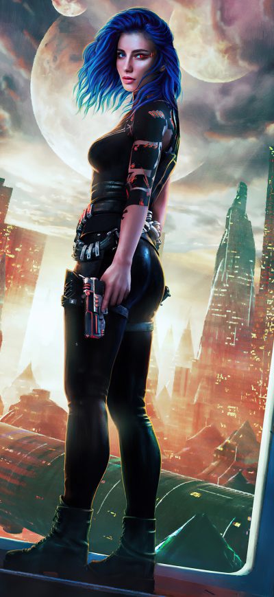 Fond d'écran iPhone Blue Hair Girl Scifi City With Guns In Hand 5k