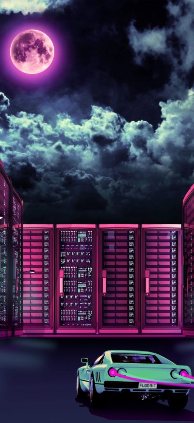 Fond d'écran iPhone Retrowave Car Going Through City Moon