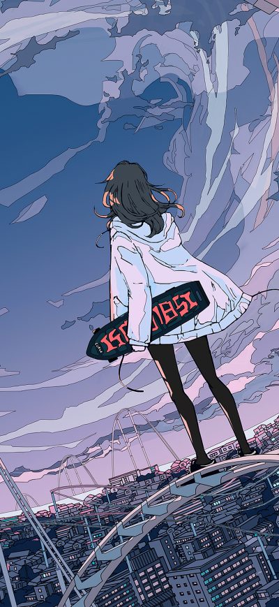 Fond d'écran iPhone Skyline Anime Girl Skateboard 5k