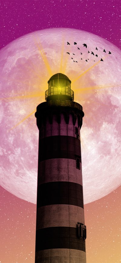 Fond d'écran iPhone Moon Lighthouse Birds Pink Yellow Sky