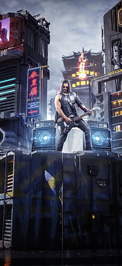 Fond d'écran iPhone Cyberpunk 2077 Johnny Silverhand Playing Guitar