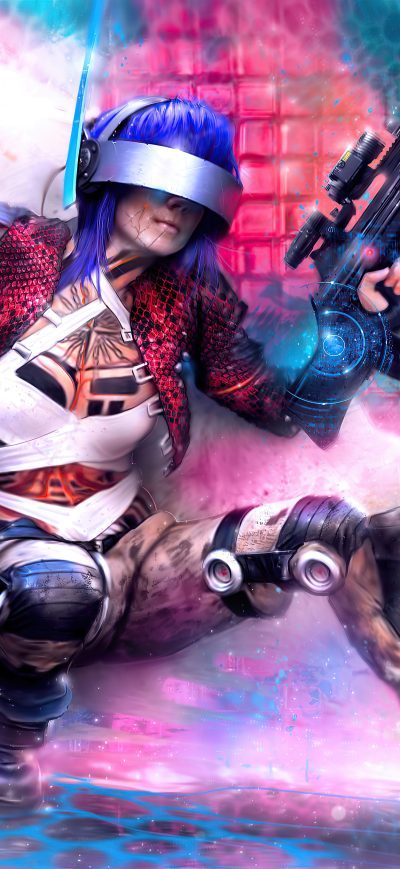 Fond d'écran iPhone Cyberpunk Girl Guns Up 4k