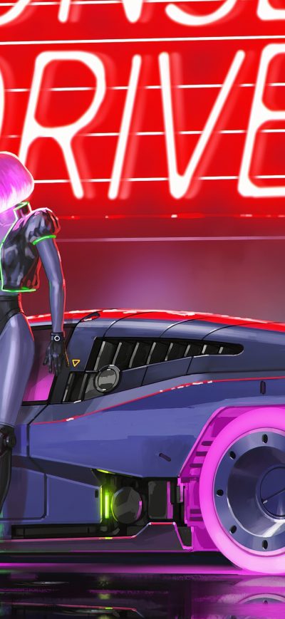 Fond d'écran iPhone Sunset Drive Synthwave 4k