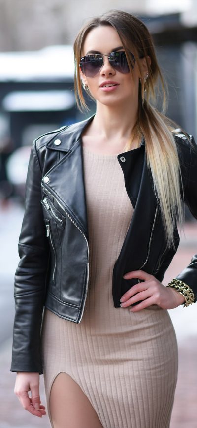 Fond d'écran iPhone Women Outdoors Leather Jacket Sunglasses