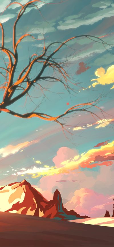Fond d'écran iPhone Red Sky Mountains Trees Digital Art Painting 4k