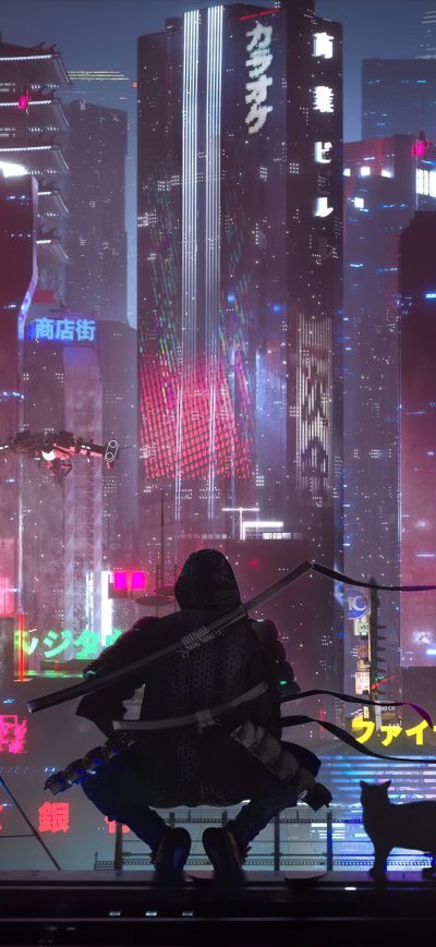 Fond d'écran iPhone Tokyo Future State Warrior With Cat 4k