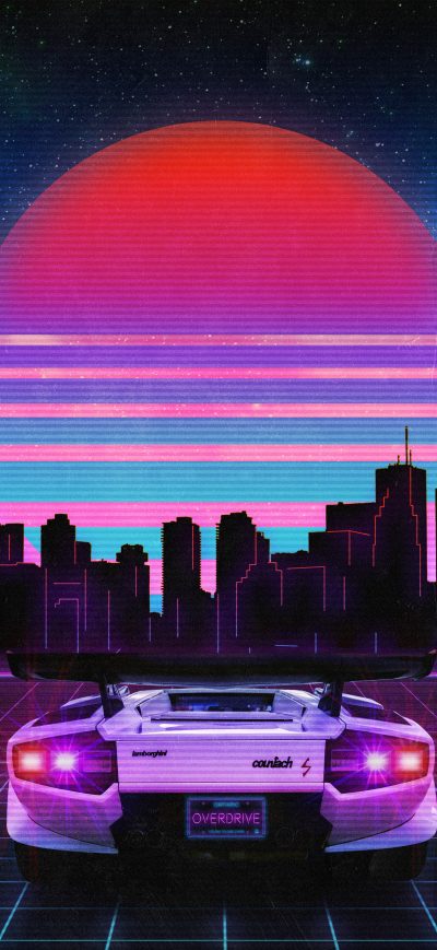 Fond d'écran iPhone Retro Wave Lamborghini Neon City 5k