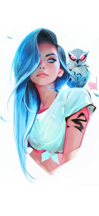 Fond d'écran iPhone Blue Eyes Blue Hair Girl With Owl