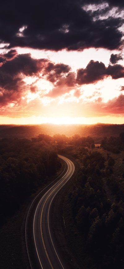 Fond d'écran iPhone Beautiful Road Path Sun Setting Drone View 4k