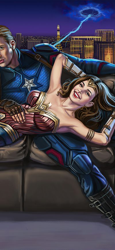 Fond d'écran iPhone Wonder Woman And Captain America Sitting On Sofa With Baby Groot