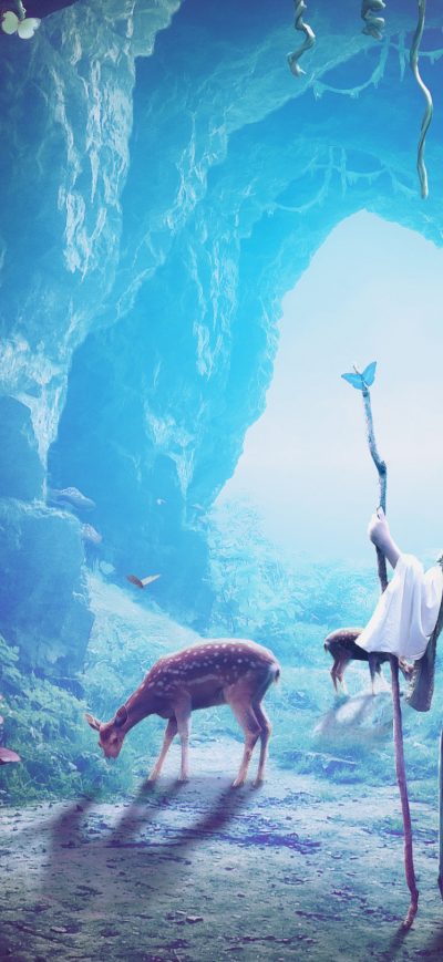 Fond d'écran iPhone Heaven Cave Girl Deer Fantasy Art