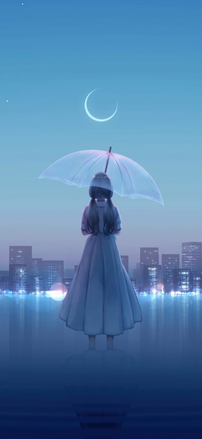 Fond d'écran iPhone Anime Girl Umbrella City 8k