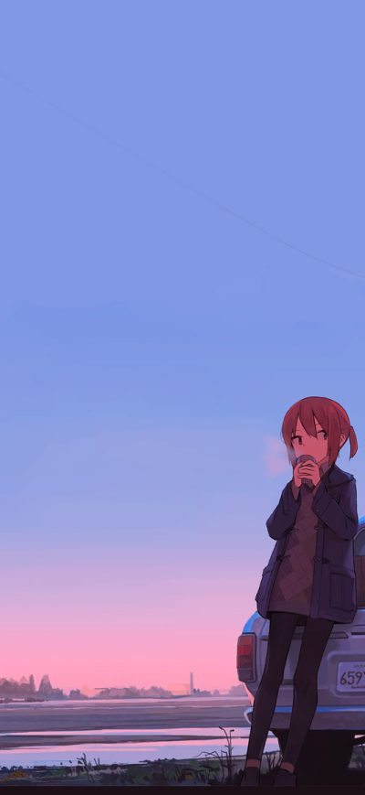 Fond d'écran iPhone Anime Girl Car Drinking Coffee