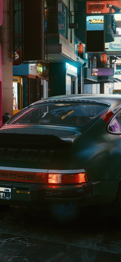 Fond d'écran iPhone Porsche Cyberpunk 2077 In City 5k