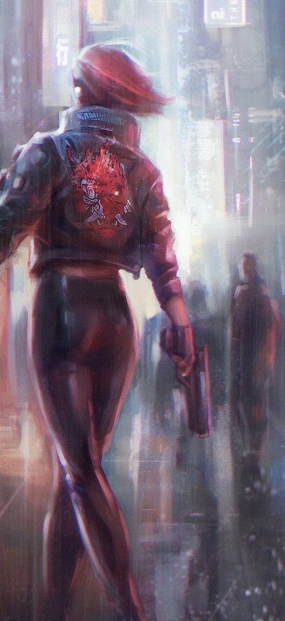 Fond d'écran iPhone Cyberpunk 2077 Girl With Gun In Hand 4k