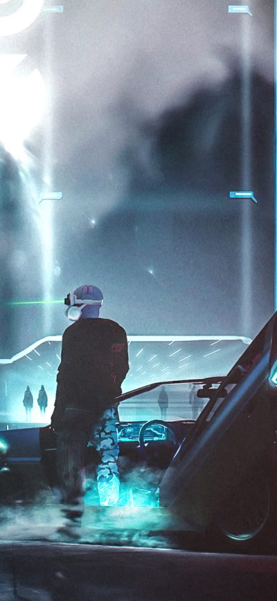 Fond d'écran iPhone Cyberpunk City And Car Guy 4k