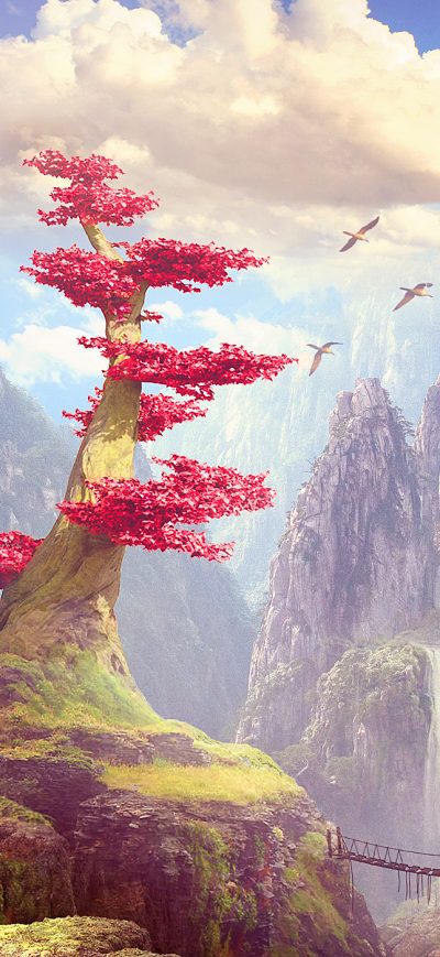 Fond d'écran iPhone Mountain Tree Temple Fantasy Art