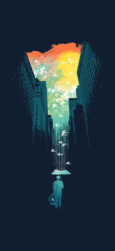 Fond d'écran iPhone Rain Umbrella Birds City Building Sky Cages Artwork Fantasy Art Trees Minimalism