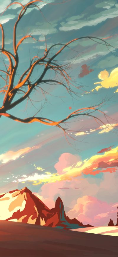 Fond d'écran iPhone Digital Art Tree Sky Mountains