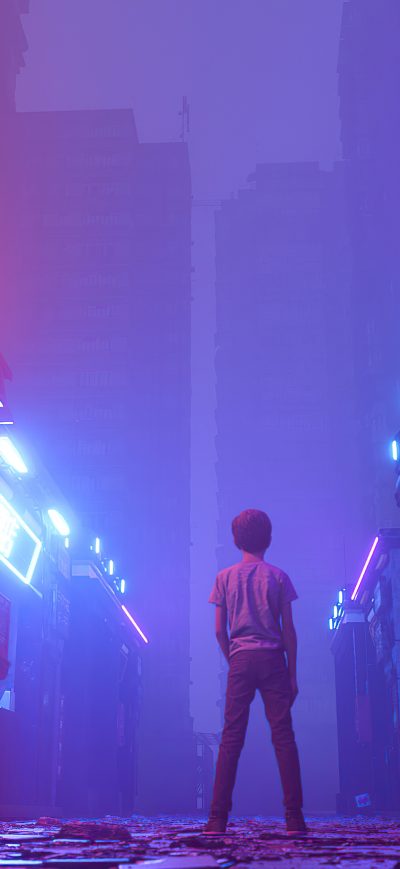 Fond d'écran iPhone Neon Market Closed Little Boy Standing 4k