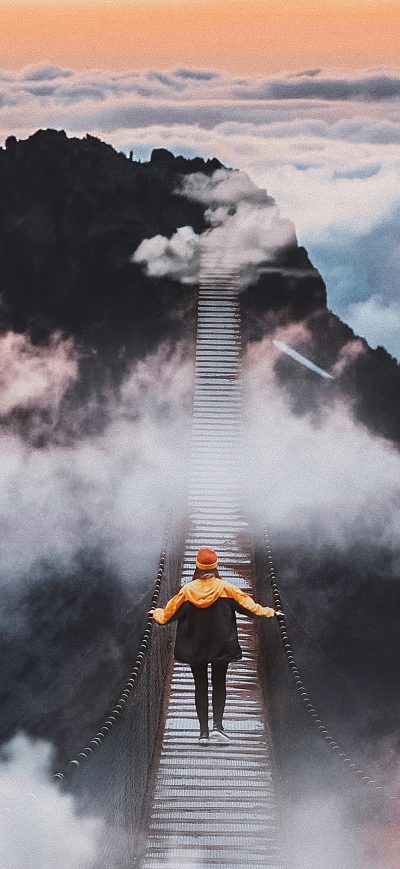 Fond d'écran iPhone Bridge In Sky Girl Walking Manipulation 4k