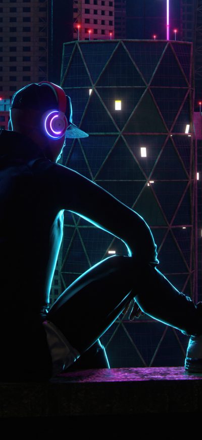Fond d'écran iPhone Boy Sitting On Rooftop Neon Lights 5k