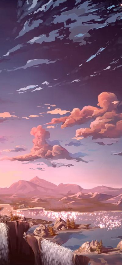 Fond d'écran iPhone Anime Landscape Waterfall Cloud 5k