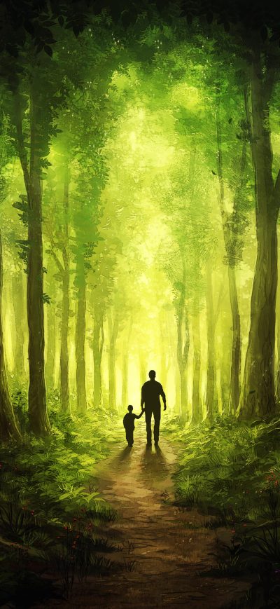 Fond d'écran iPhone Children Walking With Dad Journey To Forest
