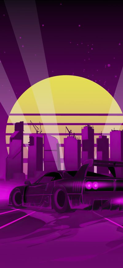 Fond d'écran iPhone Retrowave City With Ferrari 5k