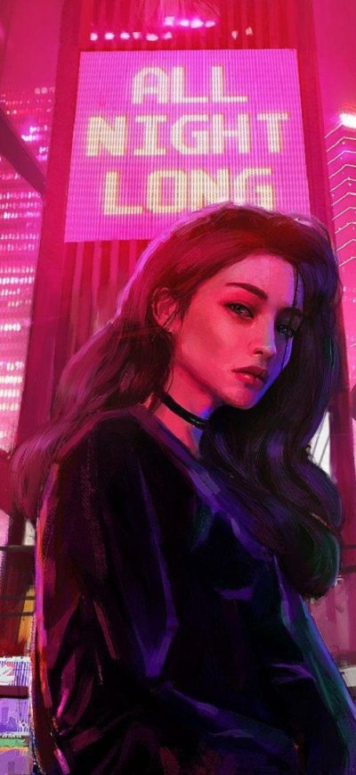Fond d'écran iPhone Girl All Night Long Retrowave City Artwork