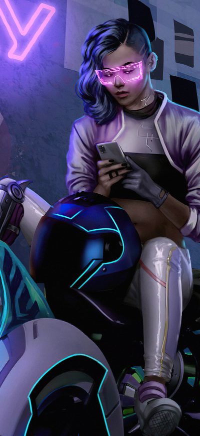 Fond d'écran iPhone Cyberpunk Bike Girl Texting Phone 4k