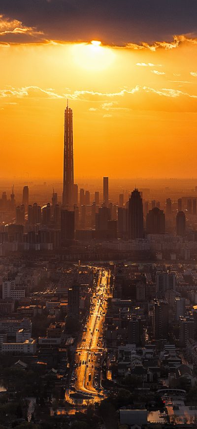 Fond d'écran iPhone Tall Buildings Tower Sun In Clouds Lake Cityscape 8k