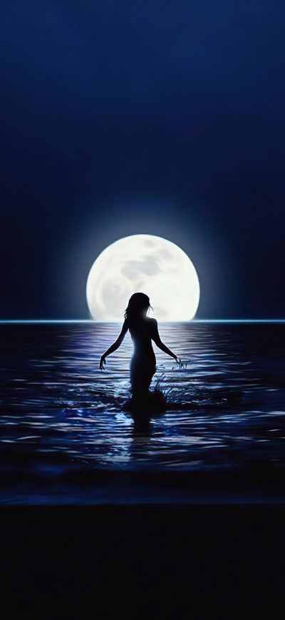 Fond d'écran iPhone Girl Walking Towards Moon In Ocean