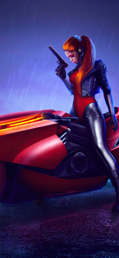 Fond d'écran iPhone Cyberpunk Girl Bike Artwork 4k