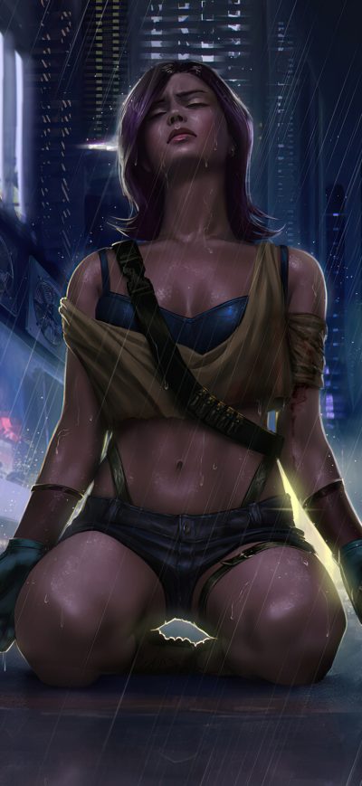 Fond d'écran iPhone Cyber Girl Rain City 4k