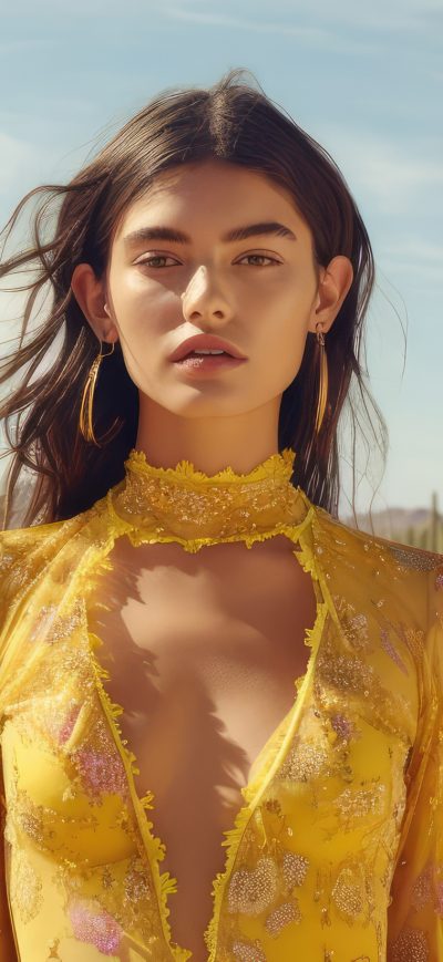Fond d'écran iPhone A Girl Standing Alone In The Desert Wearing A Vibrant Yellow Dress