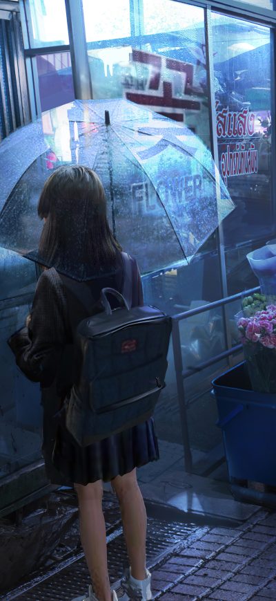 Fond d'écran iPhone Anime Girl Umbrella Rainy Day 5k