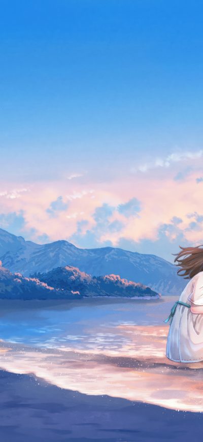Fond d'écran iPhone Anime Girl Evening Beach Crescent Moon